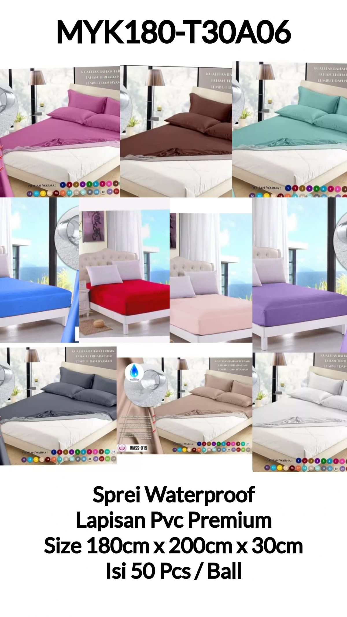 SPREI WATERPROOF MYK180-T30A06 PVC PREMIUM SIZE 180CM * 200CM * 30CM ISI 50 PCS