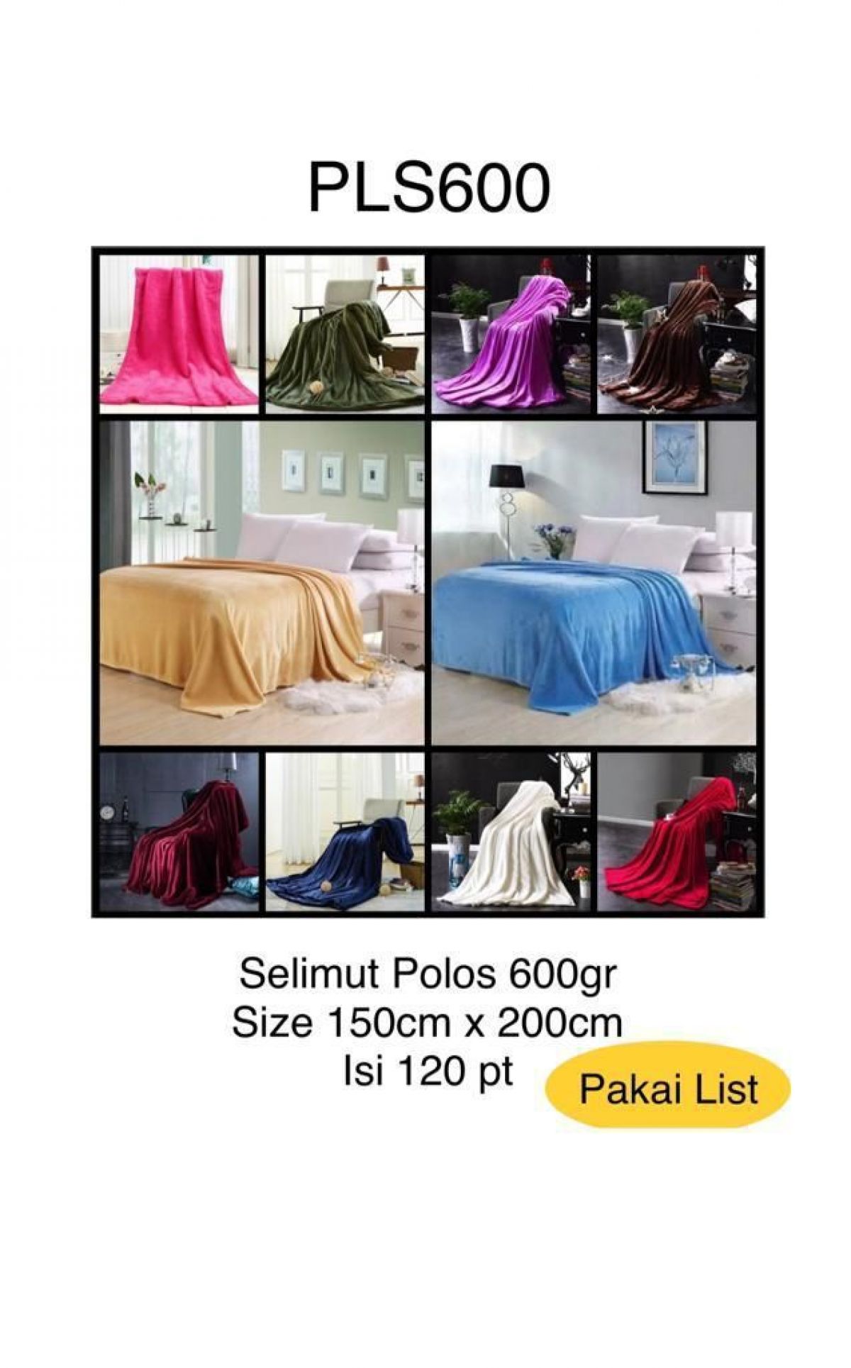 SELIMUT POLOS (LIST) PLS600 SIZE 150CM*200CM 600GR ISI 120 PCS